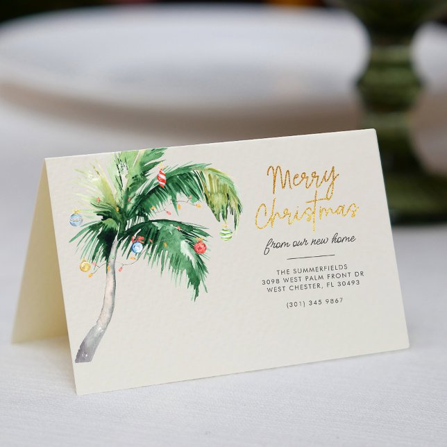 Meddelande om Flyttan vid Handflatan vid Helgdag v Kort (Merry Christmas Coastal Tropical Palm Tree Moving Announcement Folded Card)