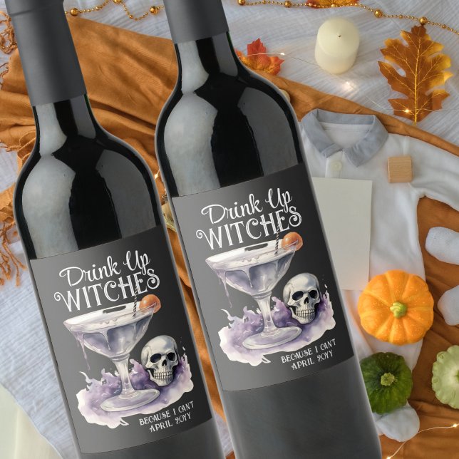 Meddelande om Gravid för Drink Up Witches Hallowee Vinflaska Etikett (Skapare uppladdad)