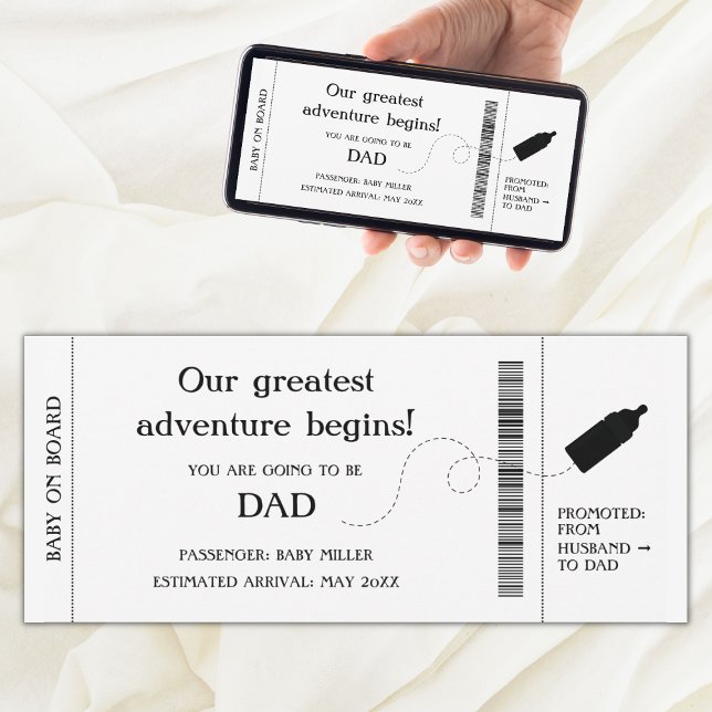 Meddelande om Gravid för ombordstigning för Make (pregnancy announcement for husband boarding pass, our greatest adventure begins)