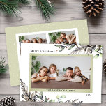 Meddelande om julvinter Greenery 3 Foton<br><div class="desc">Den här eleganten ger fotoporten julkort utrymme för 3 bilder och är accentuerat med vinter-grön i klassens vattenfärg. Hälsning lyder "God jul". Med anpassningsbar på baksidan kan du lägga till ett personligt meddelande.</div>