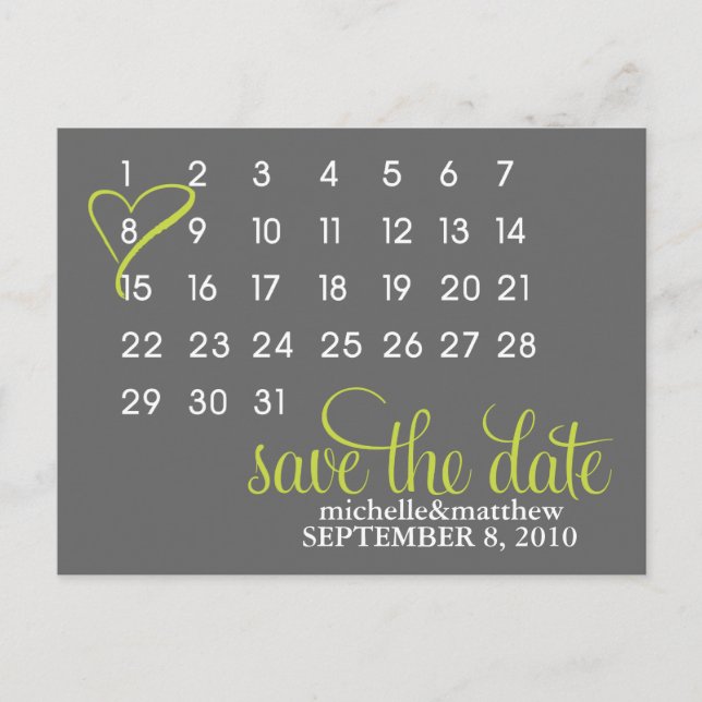 Meddelande om Lime Green Calendar Bröllop Vykort (Framsida)