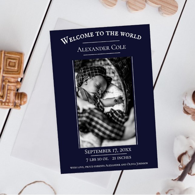 Meddelande om minimalistiskt fotofödelsetal för ma (Navy Blue Minimalist Photo Birth Announcement)