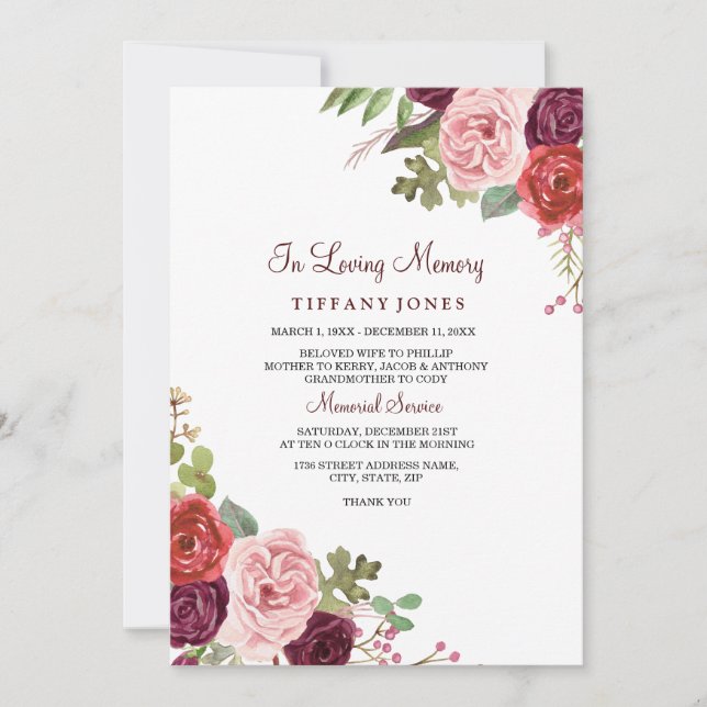 Meddelande om minnesanteckning för Burgundy Blommi Inbjudningar (Framsida)