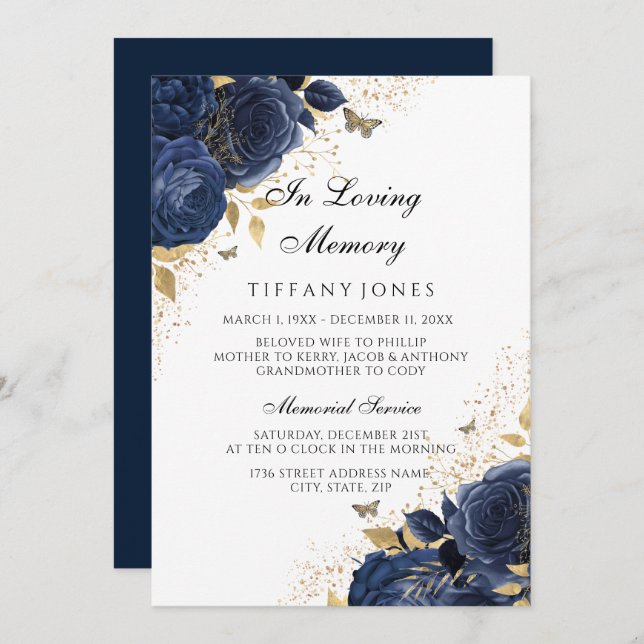 Meddelande om minnesanteckning för Indigo Blue Ro Inbjudningar (Fram/baksida)