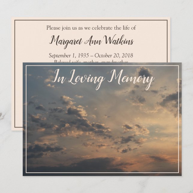 Meddelande om minnesservice för solnedgångar inbjudningar (Fram/baksida)