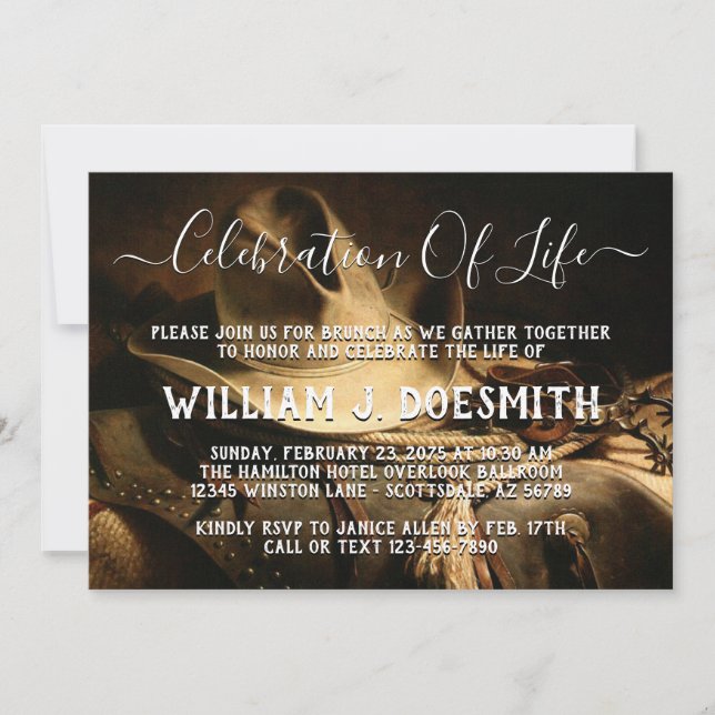 Meddelande om minnestjänst för Sak i Cowboy Inbjudningar (Framsida)