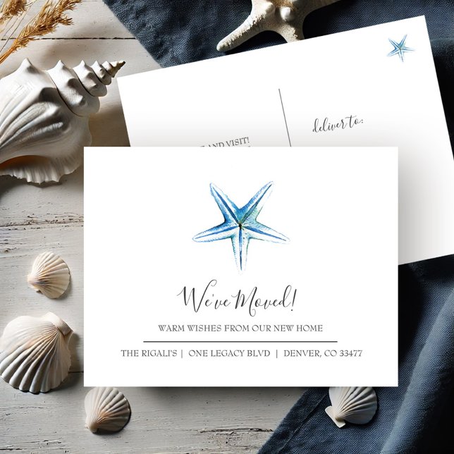 Meddelande om ny Flytta i hemmet för kustblåstjärt Vykort (New address moving announcement postcards watercolor starfish art by Victoria Grigaliunas )