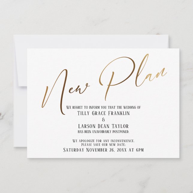 Meddelande om ny plan för elegant Guld Inbjudningar (Framsida)