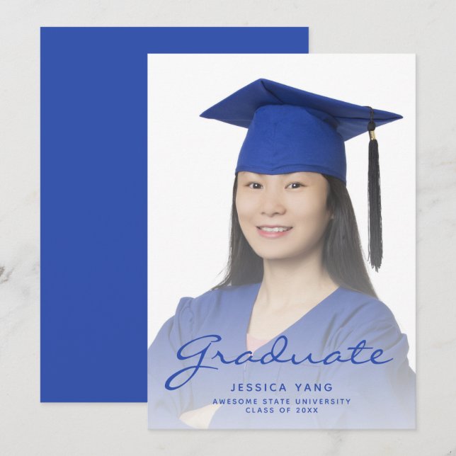 Meddelande om Photo Blue Script Studenten Inbjudningar (Fram/baksida)