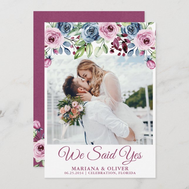 Meddelande om sjöblått Vin Blommigt Bröllop Inbjudningar (Fram/baksida)