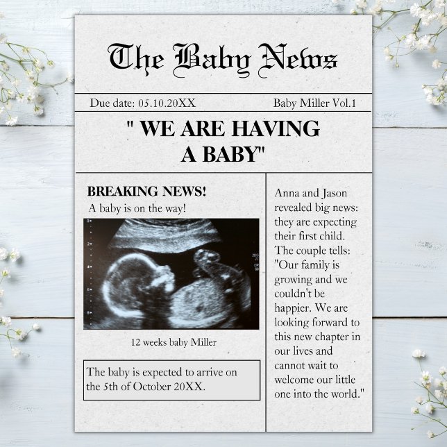 Meddelande om Stil Photo Funny Gravid i tidningen Inbjudningar (Newspaper pregnancy announcement sonogram ultrasound photo )
