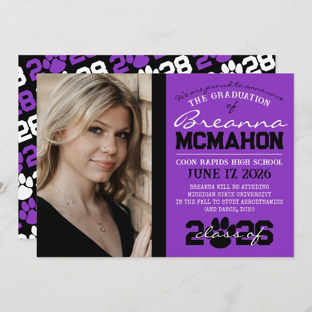 Meddelande om Studenten för utskrift av lila och s Inbjudningar ( Repeating Class Year 1 & 2 Photo Graduation Invitations & Announcements)