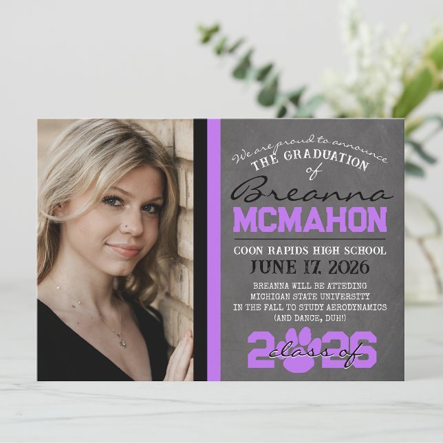 Meddelande om Studenten för utskrift av lila och s Inbjudningar ( Repeating Class Year 1 & 2 Photo Graduation Invitations & Announcements)
