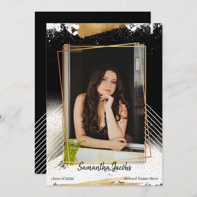 Meddelande om Studenten i rutorna Cute Black & Gul Inbjudningar (Fram/baksida)