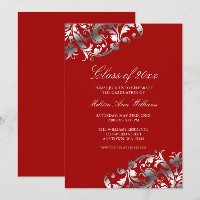 Meddelande om Studentfesten Red Silver Swirl Inbjudningar (Fram/baksida)