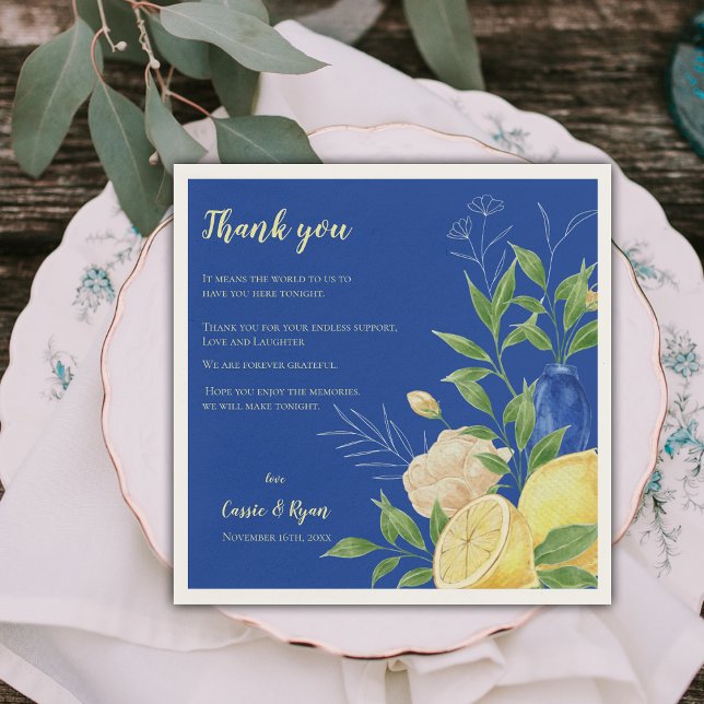 Meddelande om Tack för Lemon-Bröllopsfesten för bl Pappersservett (Blue Floral Lemon Wedding Party Thank You Message Napkins)