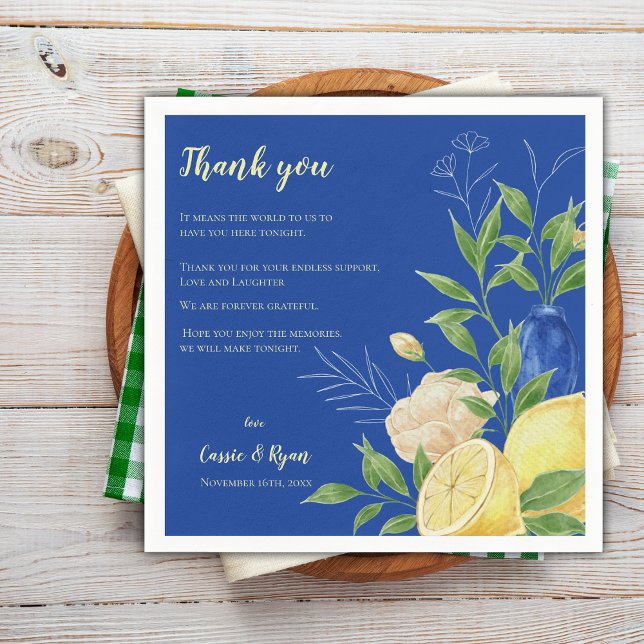 Meddelande om Tack för Lemon-Bröllopsfesten för bl Pappersservett (Blue Floral Lemon Wedding Party Thank You Message Napkins)