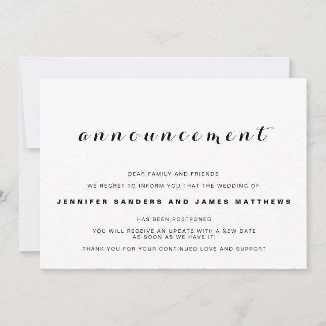 Meddelande om uppskjutande av bröllopsabsage inbjudningar (Framsida)