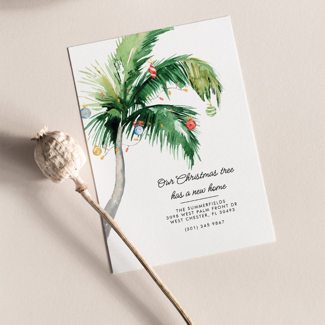 Meddelande om Vi har flyttat Flytta vid jul (Moving Announcement Palm Tree Baubles Decoration)
