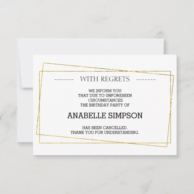 Meddelandekort för annullering av födelsedagsfest meddelande (Framsida)