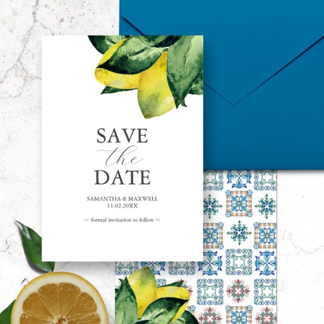 Meddelanden om italienska Destinationsbröllop (Italian destination wedding save the date card features watercolor lemons with Amalfi tile pattern. )