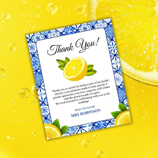 Medel Lemon Möhippa - tackkort (Mediterranean Italian Blue Tile Lemon Bridal Shower Thank You Card )