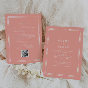 MEDEL Minimal Peach Coral QR-kod Bröllop Inbjudningar