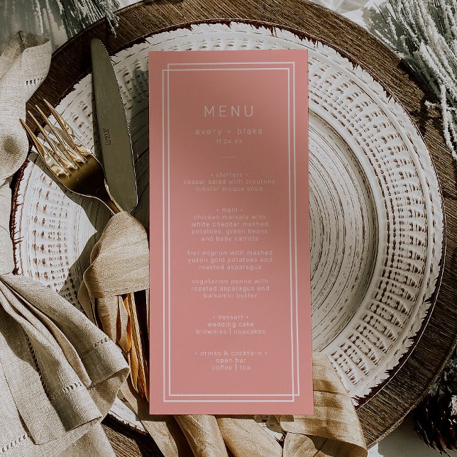 MEDEL Minimal  Peach Soft Coral Bröllop Meny (AVERY Minimal Blush Peach Soft Coral Wedding Menu)