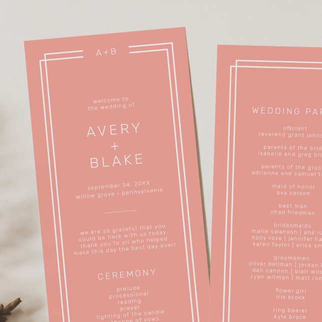MEDEL Minimal  Peach Soft Coral Bröllop Program (AVERY Minimal Blush Peach Soft Coral Wedding Program)