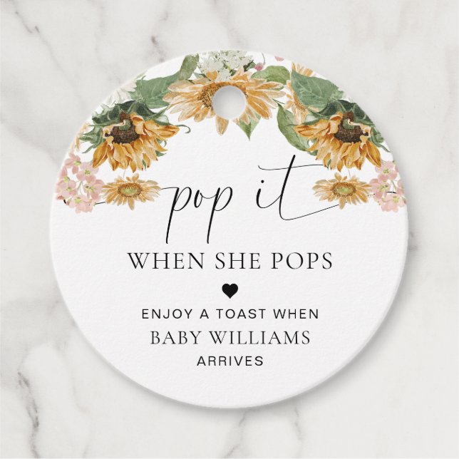 Medel Solrosblomma Högre babydusch Gåvor Etiketter (Framsida)