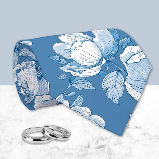 Medelblå och vit chinoiserie blomstermönster  slips (Skapare uppladdad)