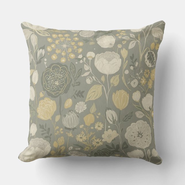Medelgrå Smör Gul Kräm Modern Blomma Kudde (Framsida)