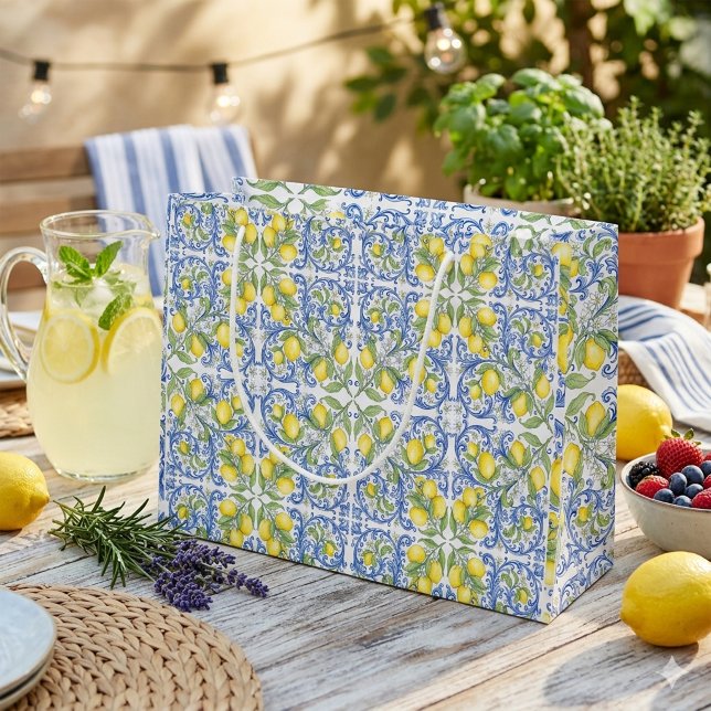 Medelhavet Amalfi-kusten Blå Kakel Citron (Mediterranean Amalfi Coast Blue Tile Lemon Large Gift Bag )