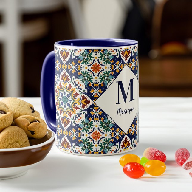 Medelhavet azulejo turkiska plattor monogram mugg (Mediterranean azulejo Turkish Persian tiles monogram Mug personalized name gifts bridal party favors)