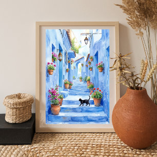 Medelhavet Blå Gränd Akvarell Katt Konst Poster