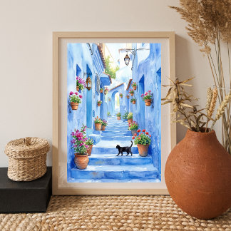 Medelhavet Blå Gränd Akvarell Katt Konst Poster