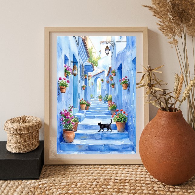 Medelhavet Blå Gränd Akvarell Katt Konst Poster (Skapare uppladdad)