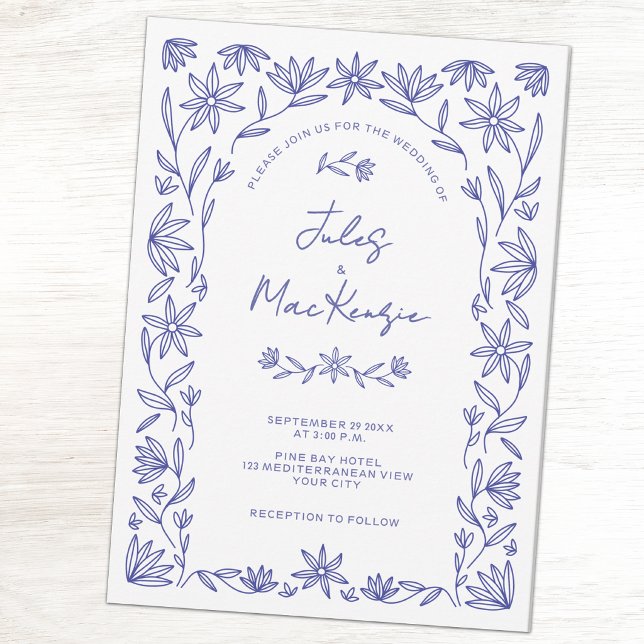 Medelhavet Blå Vildblomma Linje Konst Bröllop Inbjudningar (Mediterranean wildflower line art blue and white wedding invitation)