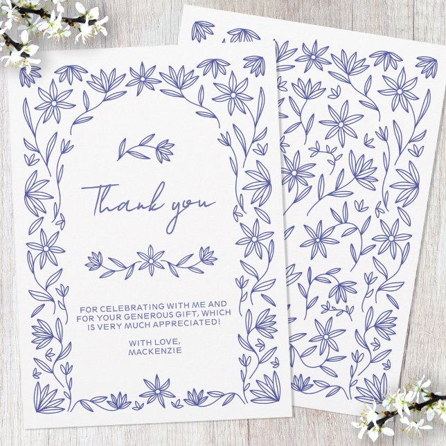 Medelhavet Blommig Bröllopsdusch Tackkort Inbjudningar (Mediterranean blue white line art flower arch design personalized bridal shower thank you card)
