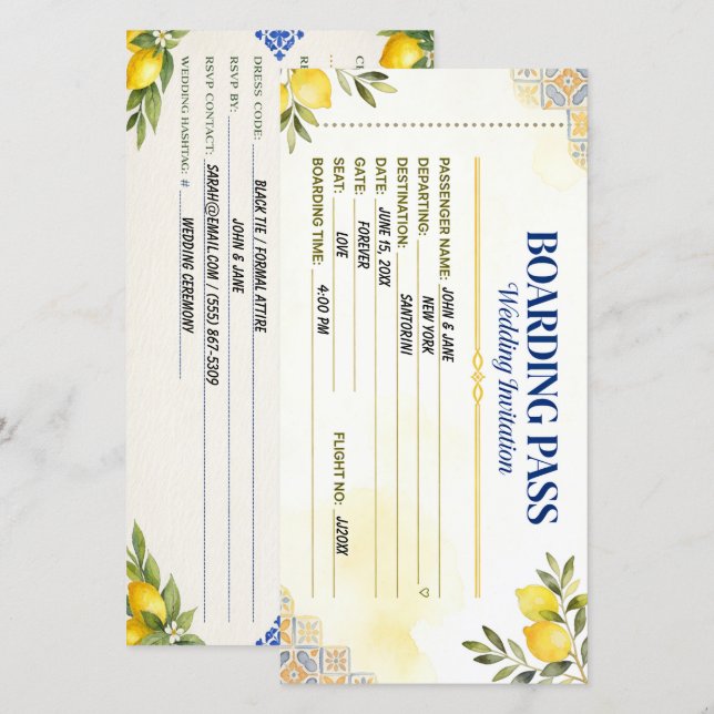 Medelhavet Citron Boarding Pass Bröllop Spara Datumet (Fram/baksida)