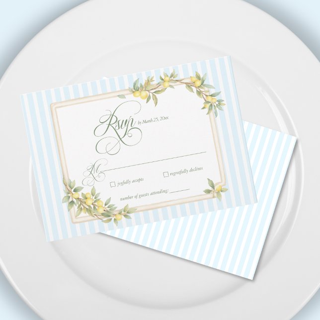 Medelhavet Citron Kustremsa Bröllop RSVP OSA Kort (elegant mediterranean lemon coastal pale blue stripe wedding invitation rsvp card)