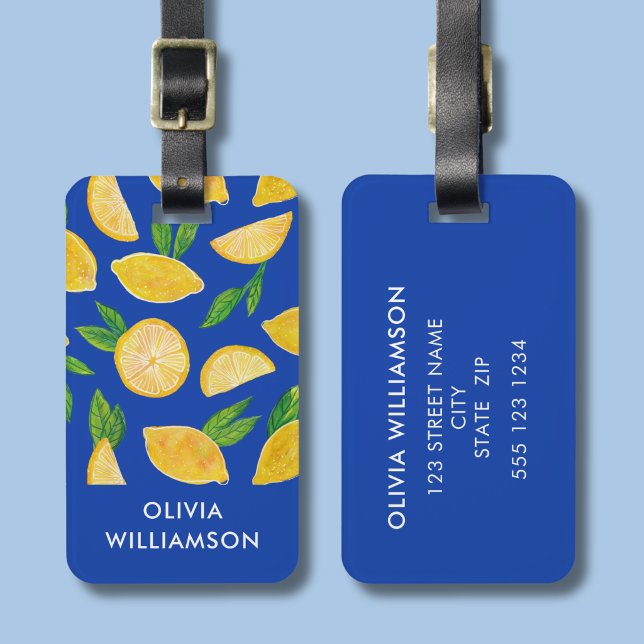Medelhavet Citron mönster Bagagebricka (Lemon pattern blue luggage tag with personalization)