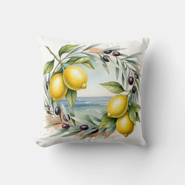 Medelhavet Citron och Olivgren Akvarell  Kudde (Framsida)