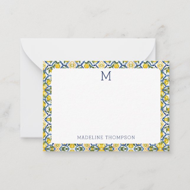 Medelhavet Citrus Citron Monogram Blå Anteckningskort (Framsida)