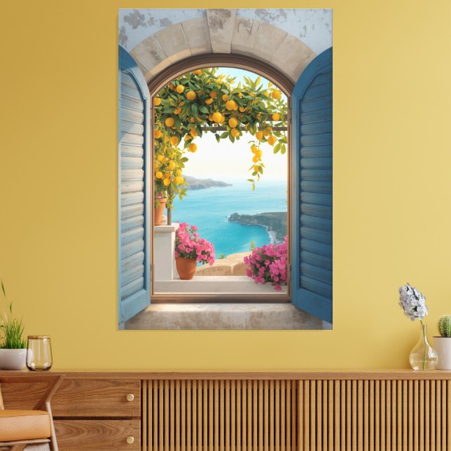 Medelhavet fönster vy ram - kustlemon canvastryck (Insitu (Vardagsrum))