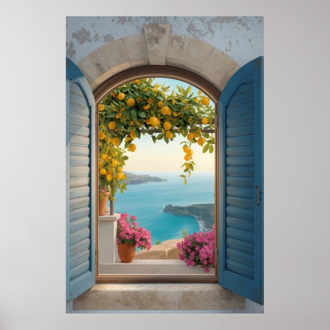 Medelhavet fönster vy ram - kustlemon poster (Framsidan)