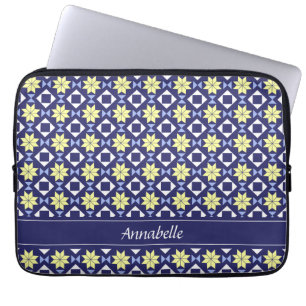 Medelhavet Gult Blått Blommigt Kakel Mönster Namn Laptop Fodral