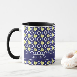Medelhavet Gult Blått Blommigt Kakel Mönster Namn Mugg