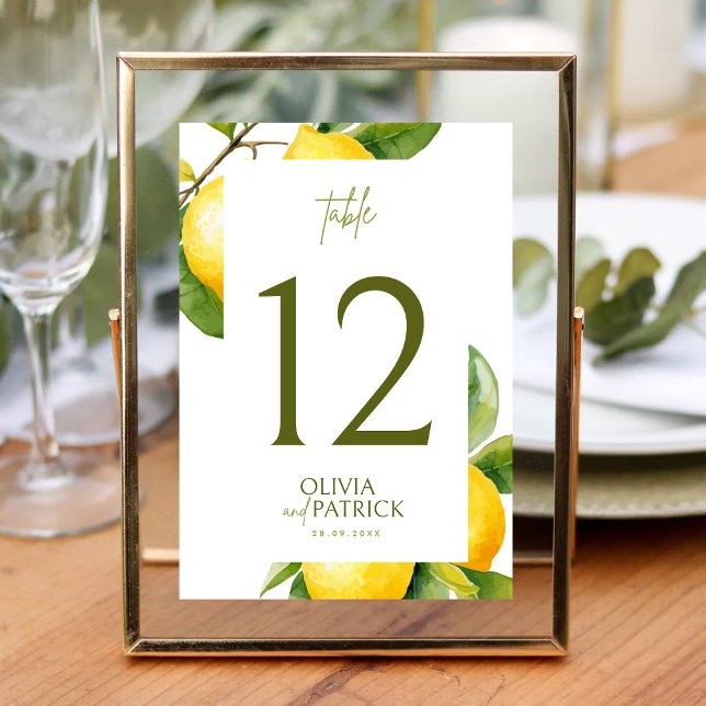 Medelhavet Italien Grekland Citron Livlig Bröllop Bordsnummer (Mediterranean Italy Greece Lemon Vibrant Wedding Table Number.)