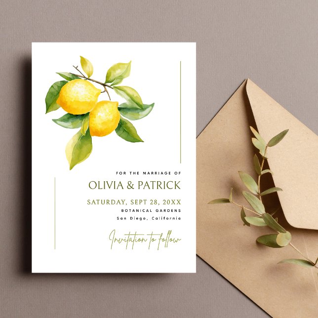 Medelhavet Italien Grekland Citron Livlig Bröllop Spara Datumet (Mediterranean lemon save the date shares your wedding plans with bright, joyful charm.)